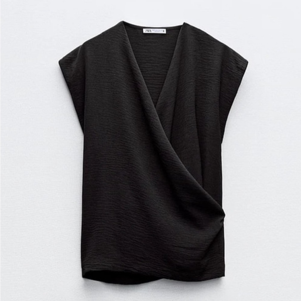 Zara Black V Neck Wrap Front Sleeveless Blouse
